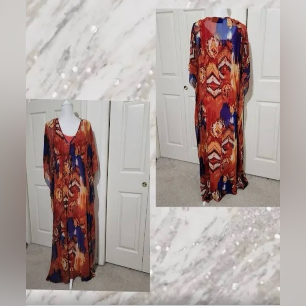 DASH by Kardashian bohemian orange blue yellow 2 piece kaftan dress size medium